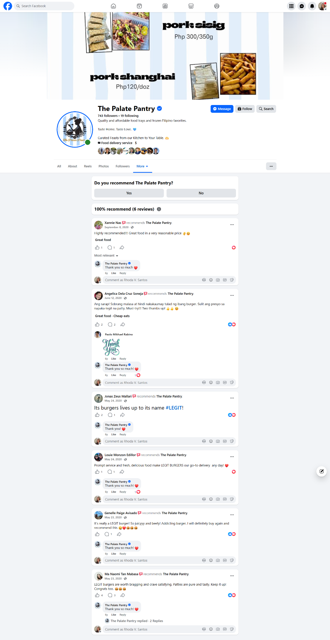 Facebook recommendations and customer reviews for The Palate Pantry